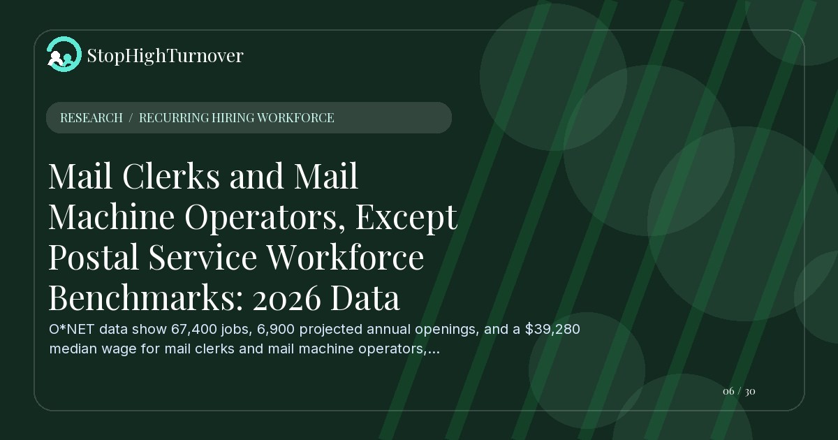 Research resource about Mail Clerks and Mail Machine Operators, Except Postal Service Workforce Benchmarks: 2026 Data