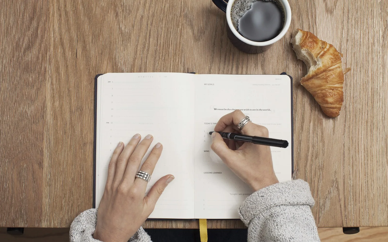 A notebook with planning notes and a coffee cup on a wooden desk